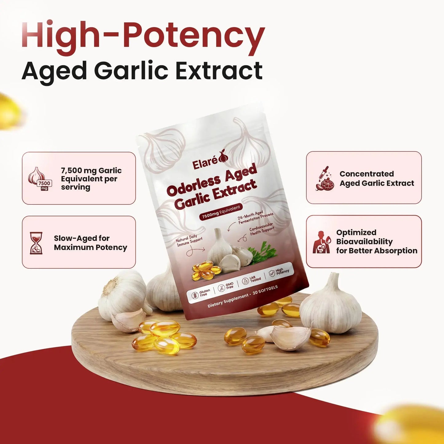 Aged Garlic Extract - 7500mg Odorless Softgels Elare